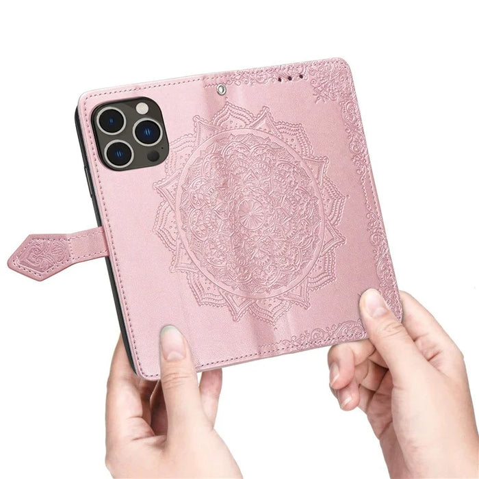 For iPhone 14 Pro 6.1 inch Embossed Mandala Pattern Folding Stand PU Leather Case Wallet Style Flip Cover with Hand Strap - Blue - 4