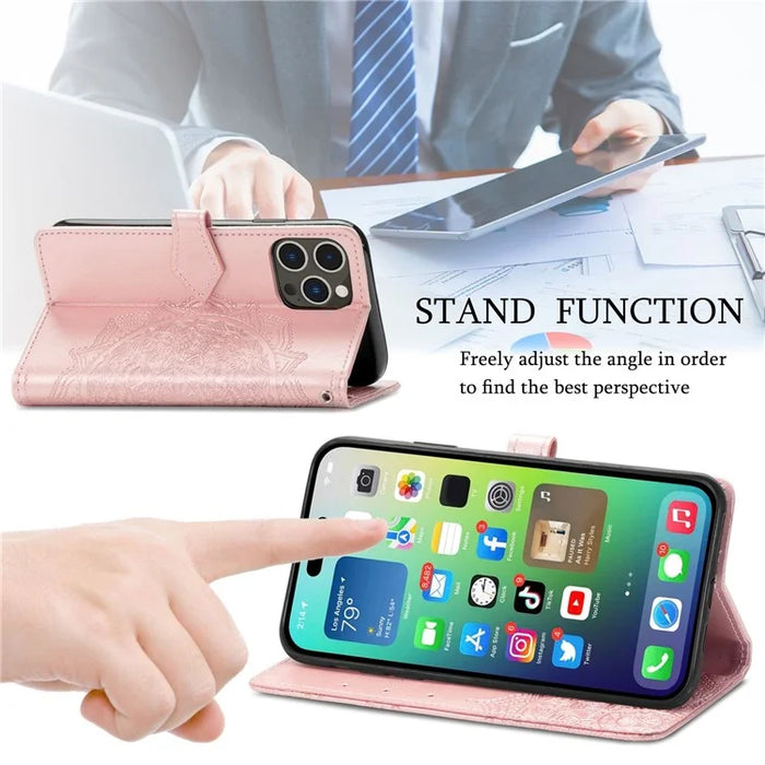 For iPhone 14 Pro 6.1 inch Embossed Mandala Pattern Folding Stand PU Leather Case Wallet Style Flip Cover with Hand Strap - Blue - 5