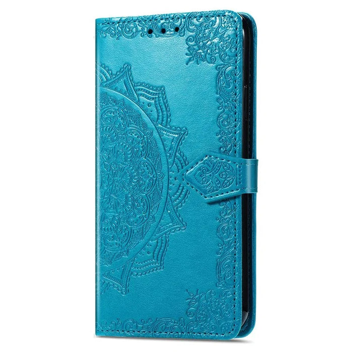 For iPhone 14 Pro 6.1 inch Embossed Mandala Pattern Folding Stand PU Leather Case Wallet Style Flip Cover with Hand Strap - Blue - 7