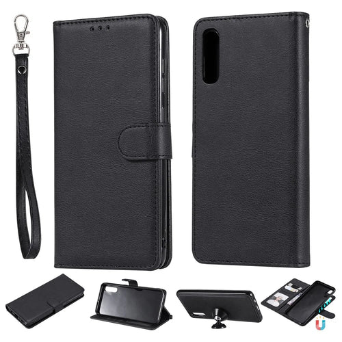 For Samsung Galaxy A50 / A50s / A30s Case 2 in 1 Detachable Magnetic Leather Wallet Mobile Cover with Strap - Black - 1