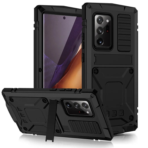 R-JUST For Samsung Galaxy Note20 Ultra / Note20 Ultra 5G Metal + Silicone + PC Kickstand Case Dust-proof Anti-drop Cover with Tempered Glass Film - Black - 1
