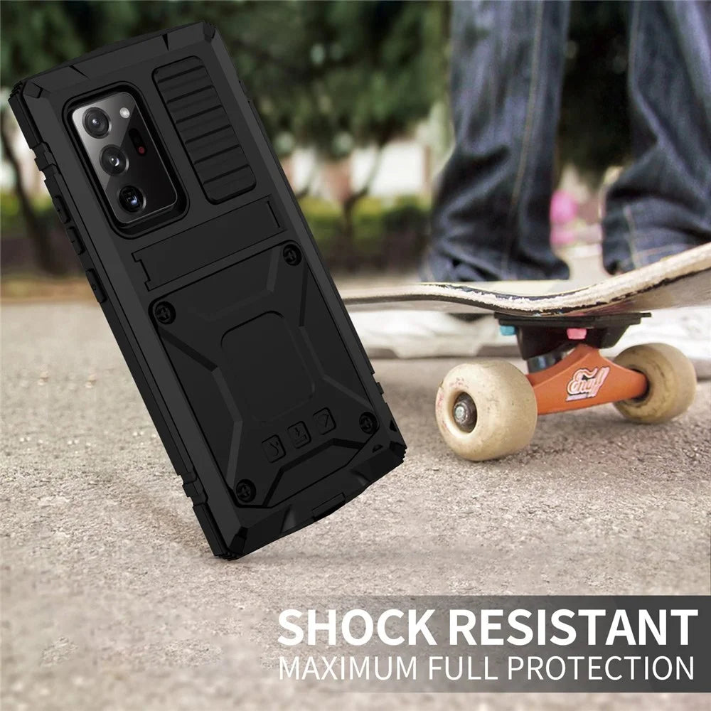 R-JUST For Samsung Galaxy Note20 Ultra / Note20 Ultra 5G Metal + Silicone + PC Kickstand Case Dust-proof Anti-drop Cover with Tempered Glass Film - Black - 3