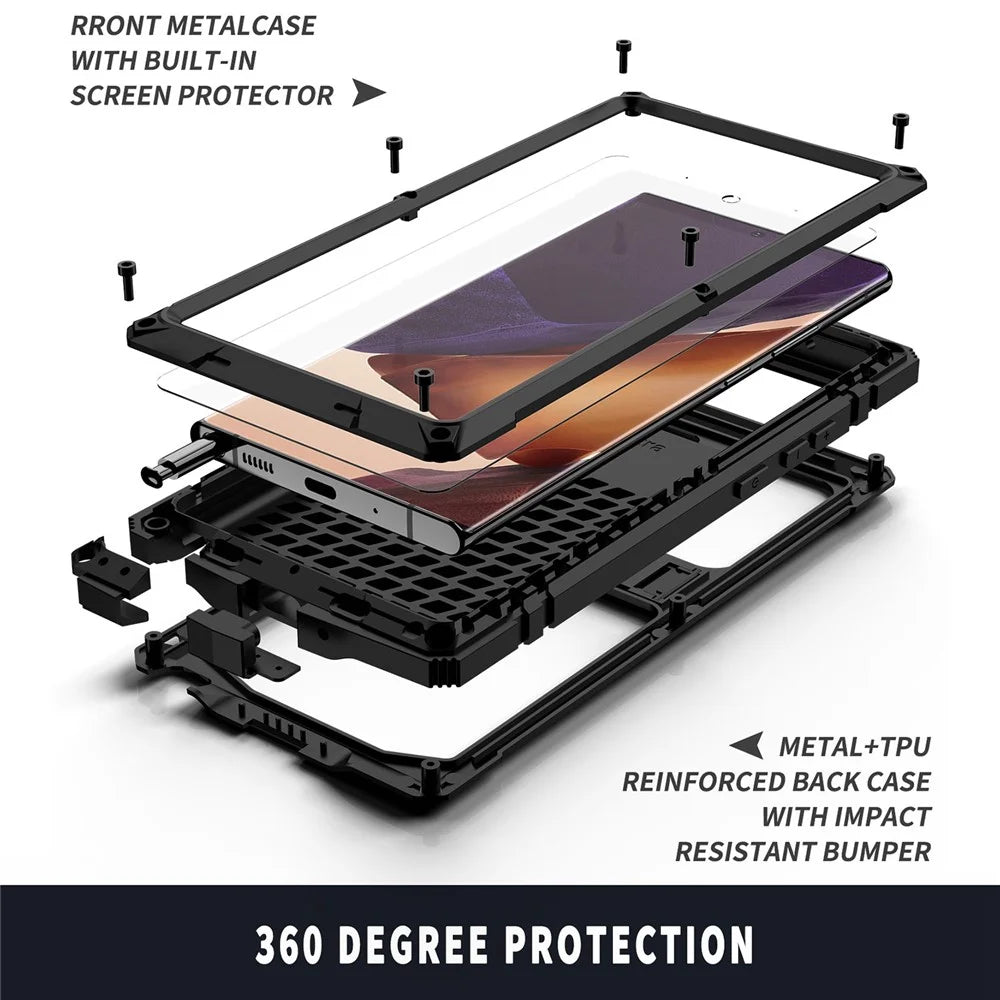 R-JUST For Samsung Galaxy Note20 Ultra / Note20 Ultra 5G Metal + Silicone + PC Kickstand Case Dust-proof Anti-drop Cover with Tempered Glass Film - Black - 6
