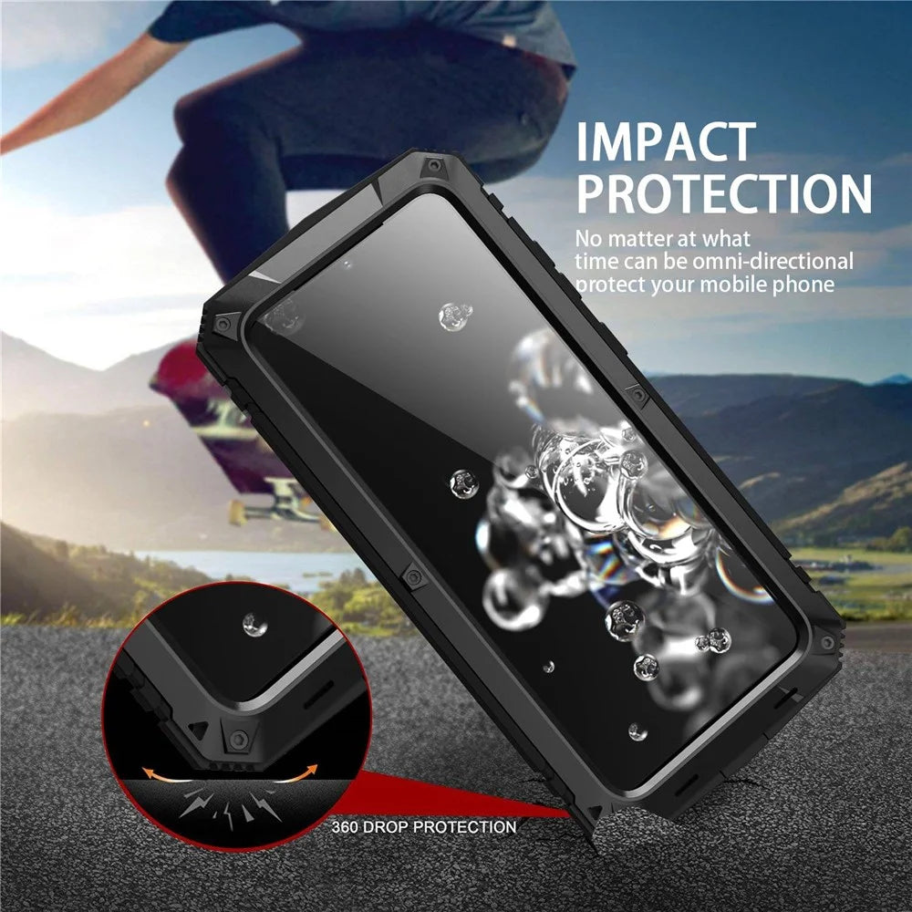R-JUST For Samsung Galaxy S20 Ultra Metal + Silicone + PC Phone Case Kickstand Full Cover Shell with Tempered Glass Film - Black - 2