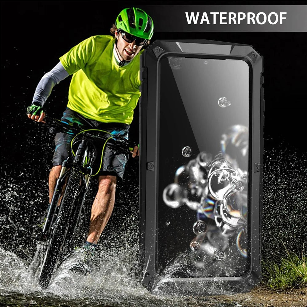 R-JUST For Samsung Galaxy S20 Ultra Metal + Silicone + PC Phone Case Kickstand Full Cover Shell with Tempered Glass Film - Black - 5