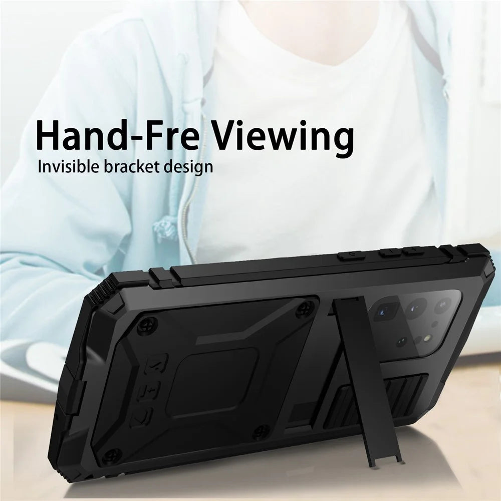 R-JUST For Samsung Galaxy S20 Ultra Metal + Silicone + PC Phone Case Kickstand Full Cover Shell with Tempered Glass Film - Black - 7