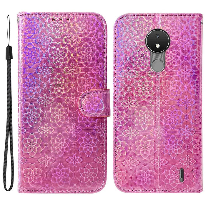 For Nokia C21 Dazzling Flower Pattern Shockproof Phone Cover Anti-scratch Flip Wallet Case with Stand Phone Shell - Pink - 1