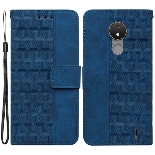 For Nokia C21 Drop-proof Flip Wallet Case Foldable Stand PU Leather Case Geometry Pattern Imprinted Phone Cover with Strap - Blue - 1