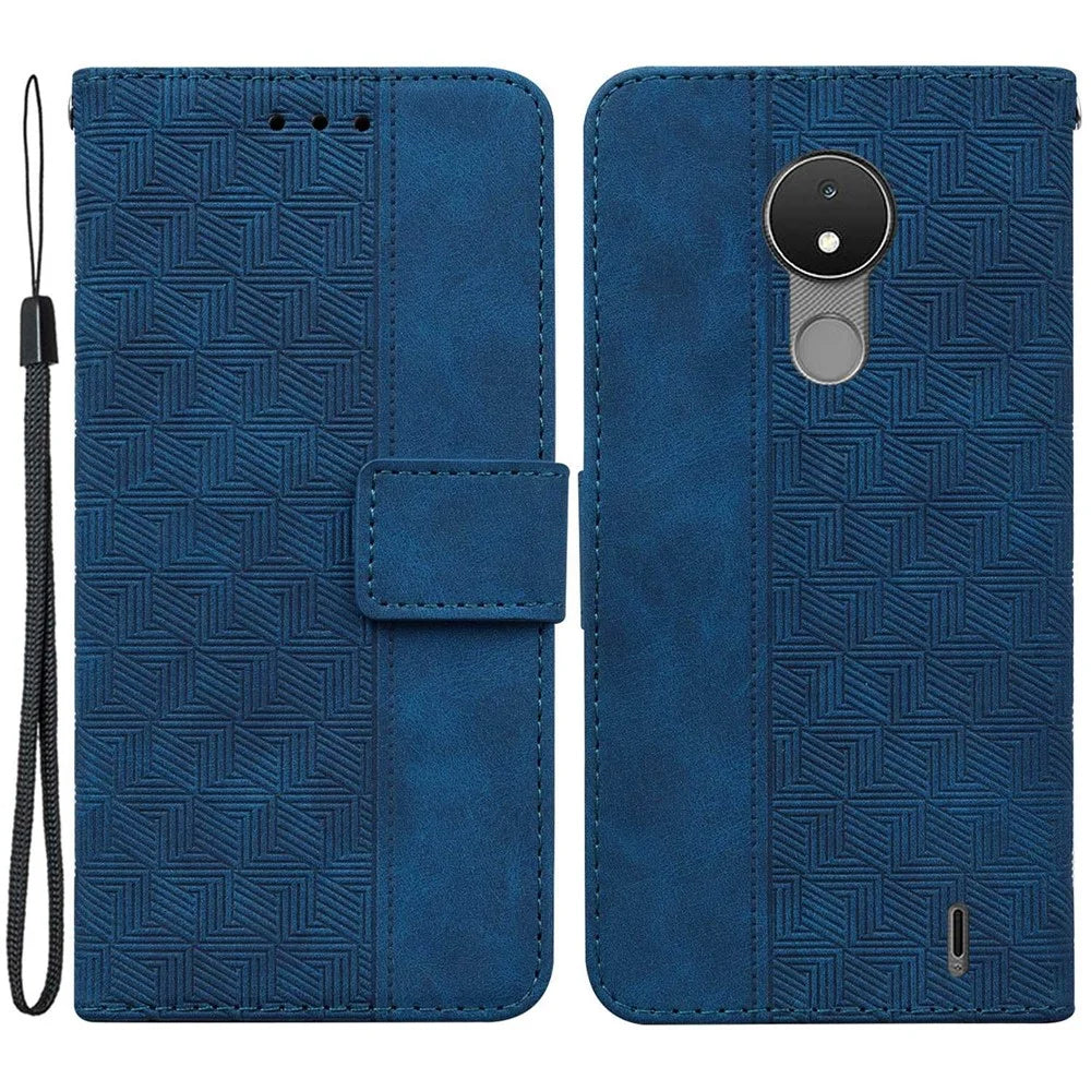 For Nokia C21 Drop-proof Flip Wallet Case Foldable Stand PU Leather Case Geometry Pattern Imprinted Phone Cover with Strap - Blue - 1