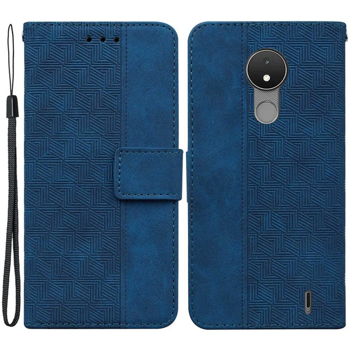 For Nokia C21 Drop-proof Flip Wallet Case Foldable Stand PU Leather Case Geometry Pattern Imprinted Phone Cover with Strap - Blue - 1