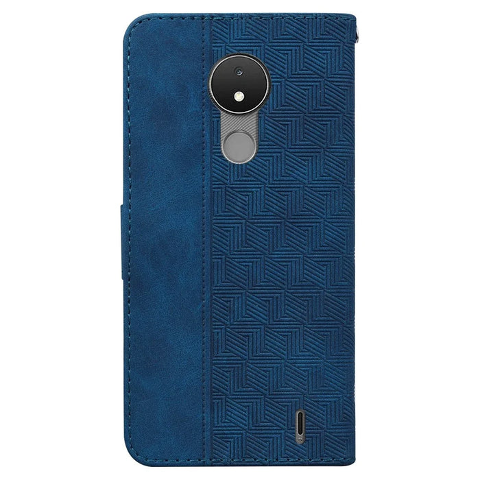 For Nokia C21 Drop-proof Flip Wallet Case Foldable Stand PU Leather Case Geometry Pattern Imprinted Phone Cover with Strap - Blue - 7