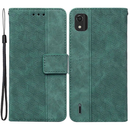 For Nokia C2 2nd Edition Shockproof PU Leather Case Foldable Stand Geometry Pattern Imprinted Anti-scratch Phone Wallet Cover with Strap - Green - 1