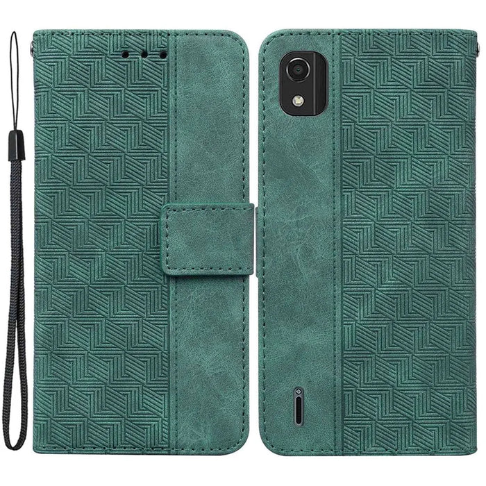 For Nokia C2 2nd Edition Shockproof PU Leather Case Foldable Stand Geometry Pattern Imprinted Anti-scratch Phone Wallet Cover with Strap - Green - 1