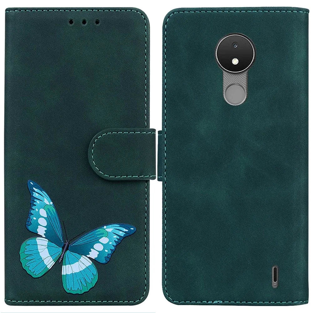 For Nokia C21 Butterfly Pattern Printing Flip Phone Cover Skin-touch Leather Inner TPU Wallet Magnetic Closure Stand Protective Smartphone Case - Green - 1
