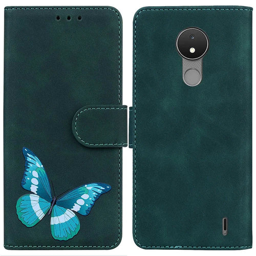 For Nokia C21 Butterfly Pattern Printing Flip Phone Cover Skin-touch Leather Inner TPU Wallet Magnetic Closure Stand Protective Smartphone Case - Green - 1