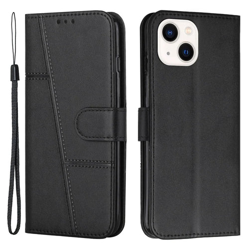 For iPhone 14 Plus 6.7 inch Stitching PU Leather Phone Cover Wallet Foldable Stand Folio Flip Case with Strap - Black - 1