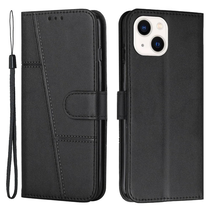 For iPhone 14 Plus 6.7 inch Stitching PU Leather Phone Cover Wallet Foldable Stand Folio Flip Case with Strap - Black - 1