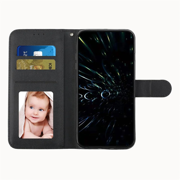 For iPhone 14 Plus 6.7 inch Stitching PU Leather Phone Cover Wallet Foldable Stand Folio Flip Case with Strap - Black - 2