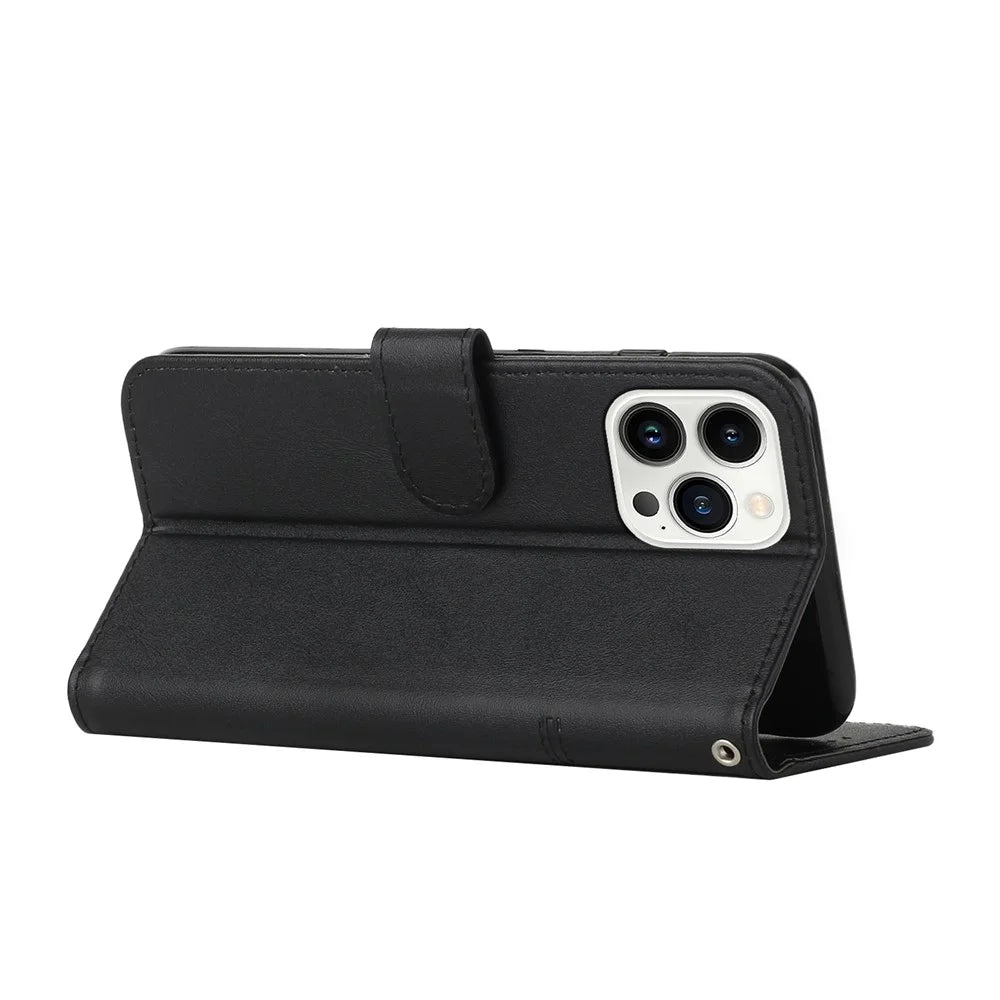 For iPhone 14 Pro Max 6.7 inch Stand Wallet Stitching Phone Cover PU Leather + TPU Protective Case with Strap - Black - 3