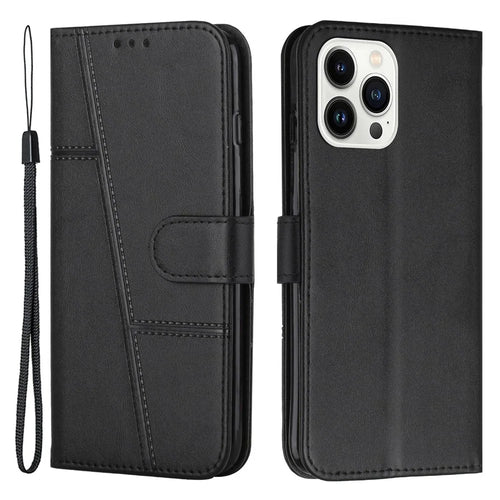 For iPhone 14 Pro 6.1 inch Stitching PU Leather Stand Case Magnetic Clasp Phone Wallet Cover with Strap - Black - 1