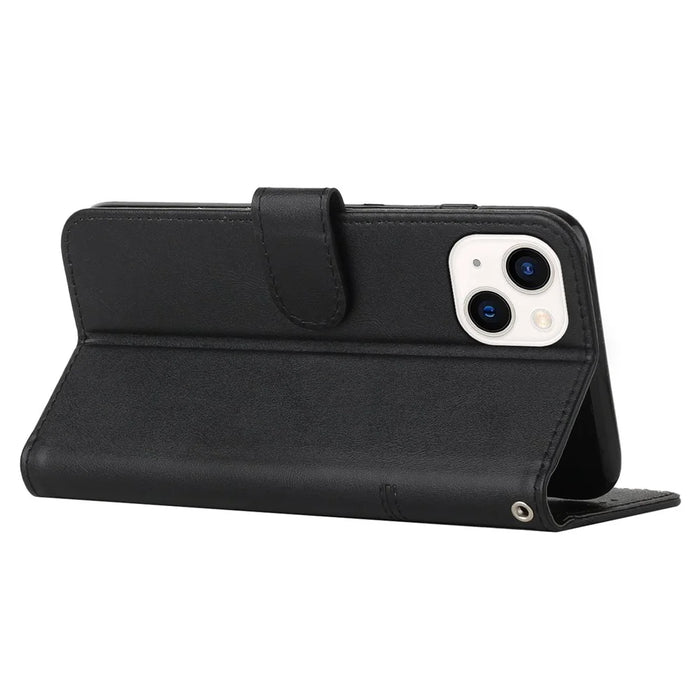 Stitching Phone Case for iPhone 14 6.1 inch, Wallet Stand PU Leather Cover Inner TPU Shell with Strap - Black - 3