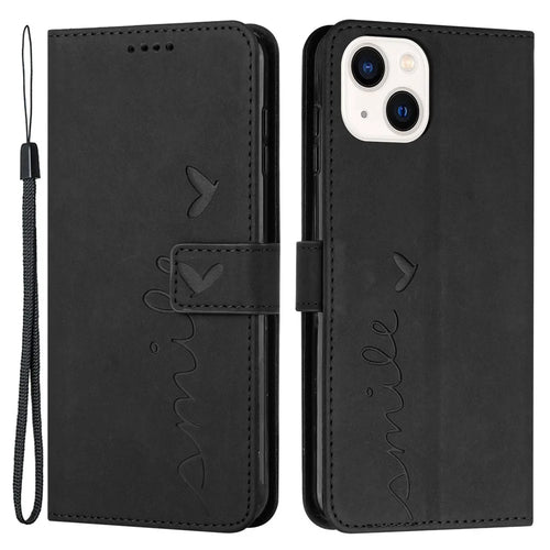 For iPhone 14 Plus 6.7 inch PU Leather Stand Wallet Case Skin-touch Feeling Heart Shape Imprinted Phone Cover with Strap - Black - 1
