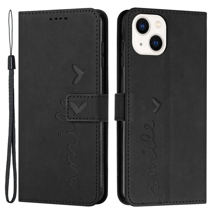 For iPhone 14 Plus 6.7 inch PU Leather Stand Wallet Case Skin-touch Feeling Heart Shape Imprinted Phone Cover with Strap - Black - 1