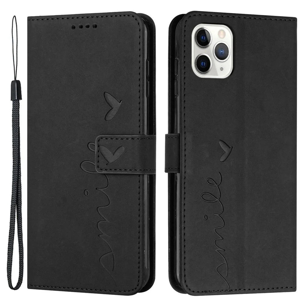 For iPhone 14 Pro Max 6.7 inch Skin-touch Feeling PU Leather Case Stand Wallet Heart Shape Imprinted Phone Cover with Strap - Black - 1