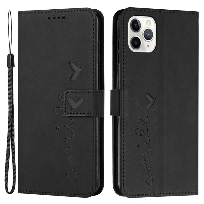 For iPhone 14 Pro Max 6.7 inch Skin-touch Feeling PU Leather Case Stand Wallet Heart Shape Imprinted Phone Cover with Strap - Black - 1
