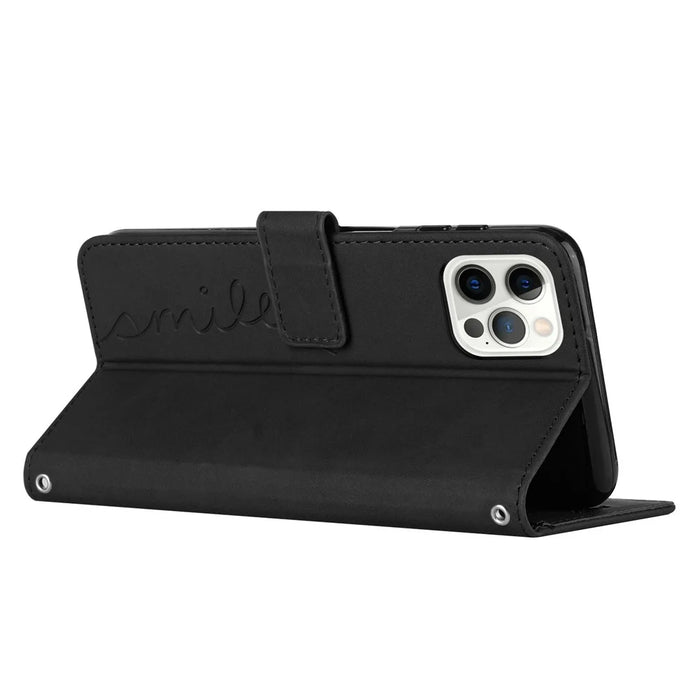 For iPhone 14 Pro Max 6.7 inch Skin-touch Feeling PU Leather Case Stand Wallet Heart Shape Imprinted Phone Cover with Strap - Black - 3