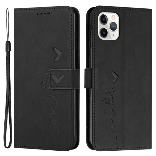 For iPhone 14 Pro 6.1 inch Skin-touch Feeling Heart Shape Imprinted PU Leather Phone Case Stand Wallet Cover with Strap - Black - 1