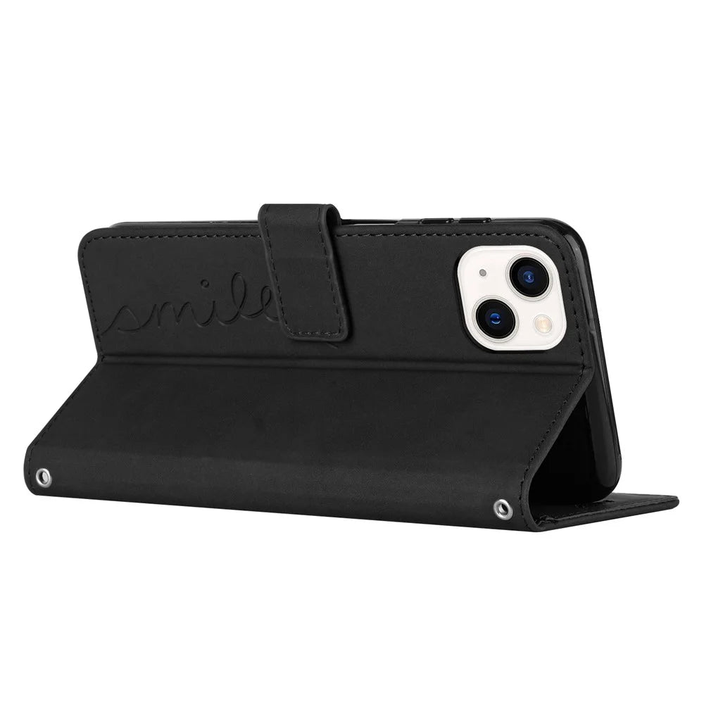 Skin-touch Heart Shape Imprinted Case for iPhone 14 6.1 inch, PU Leather Stand Wallet Magnetic Clasp Phone Cover with Strap - Black - 3