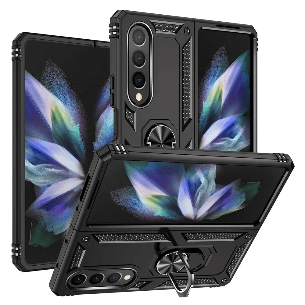 For Samsung Galaxy Z Fold4 5G TPU + PC Shockproof Phone Case Ring Holder Kickstand Protective Cover with Car Mount Metal Sheet - Black - 1