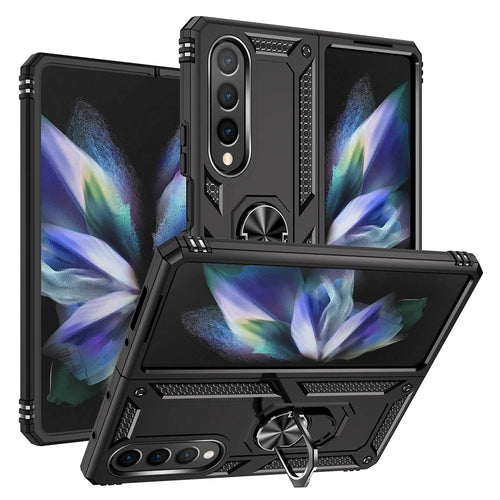 For Samsung Galaxy Z Fold4 5G TPU + PC Shockproof Phone Case Ring Holder Kickstand Protective Cover with Car Mount Metal Sheet - Black - 1