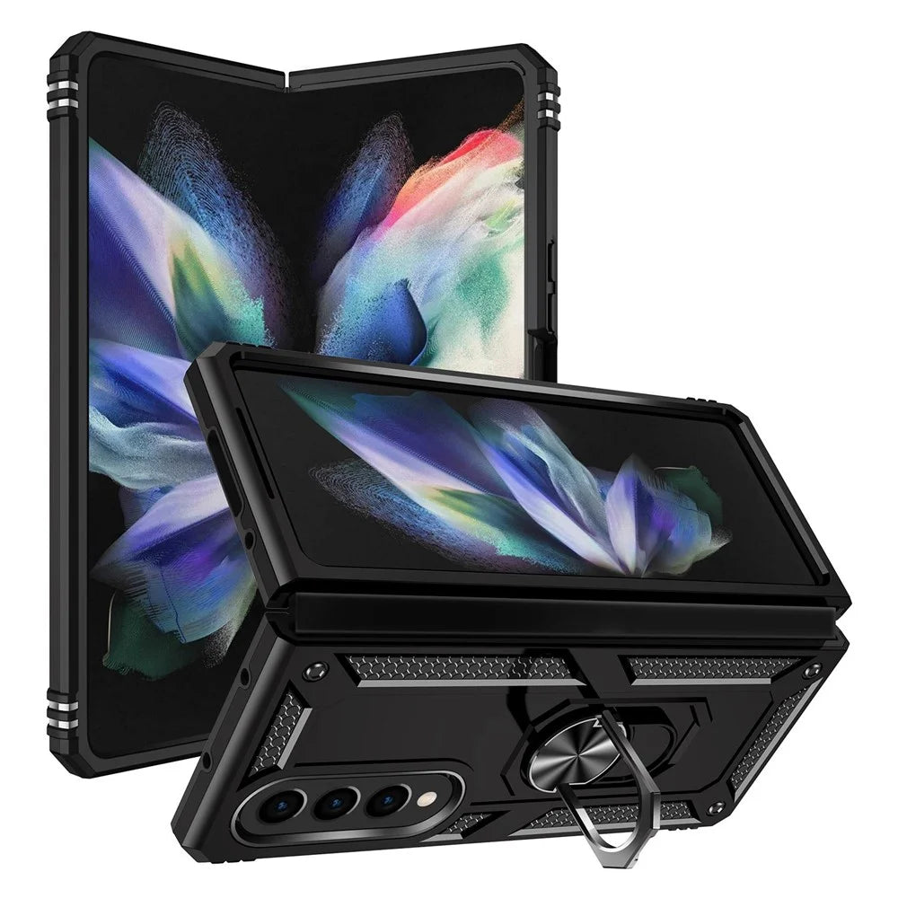 For Samsung Galaxy Z Fold4 5G TPU + PC Shockproof Phone Case Ring Holder Kickstand Protective Cover with Car Mount Metal Sheet - Black - 2
