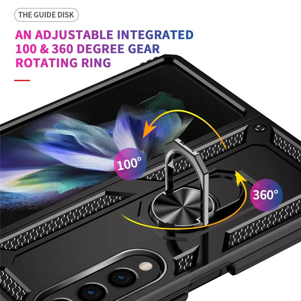 For Samsung Galaxy Z Fold4 5G TPU + PC Shockproof Phone Case Ring Holder Kickstand Protective Cover with Car Mount Metal Sheet - Black - 3