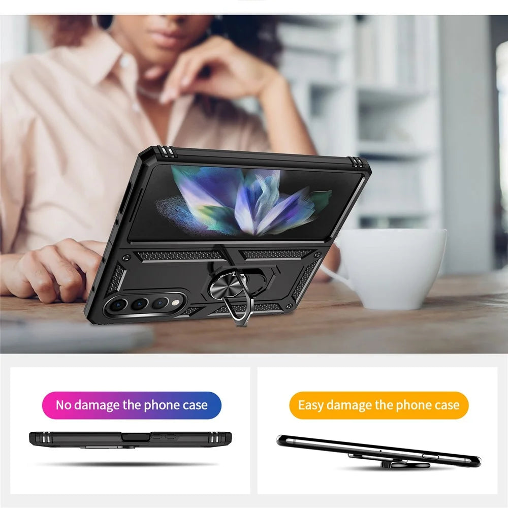 For Samsung Galaxy Z Fold4 5G TPU + PC Shockproof Phone Case Ring Holder Kickstand Protective Cover with Car Mount Metal Sheet - Black - 5