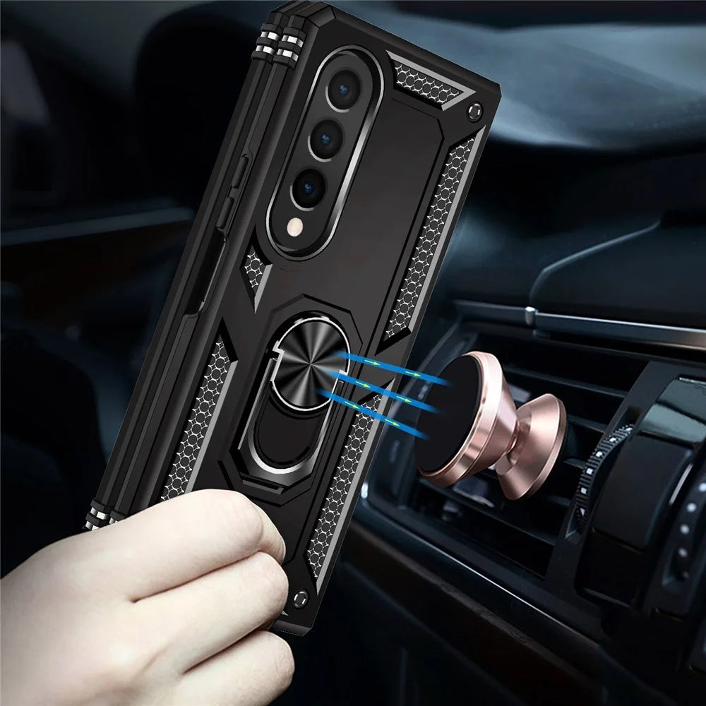 For Samsung Galaxy Z Fold4 5G TPU + PC Shockproof Phone Case Ring Holder Kickstand Protective Cover with Car Mount Metal Sheet - Black - 6