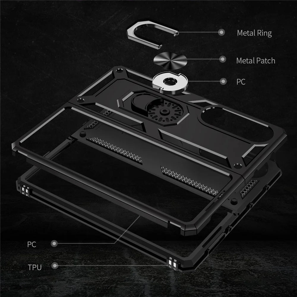 For Samsung Galaxy Z Fold4 5G TPU + PC Shockproof Phone Case Ring Holder Kickstand Protective Cover with Car Mount Metal Sheet - Black - 7