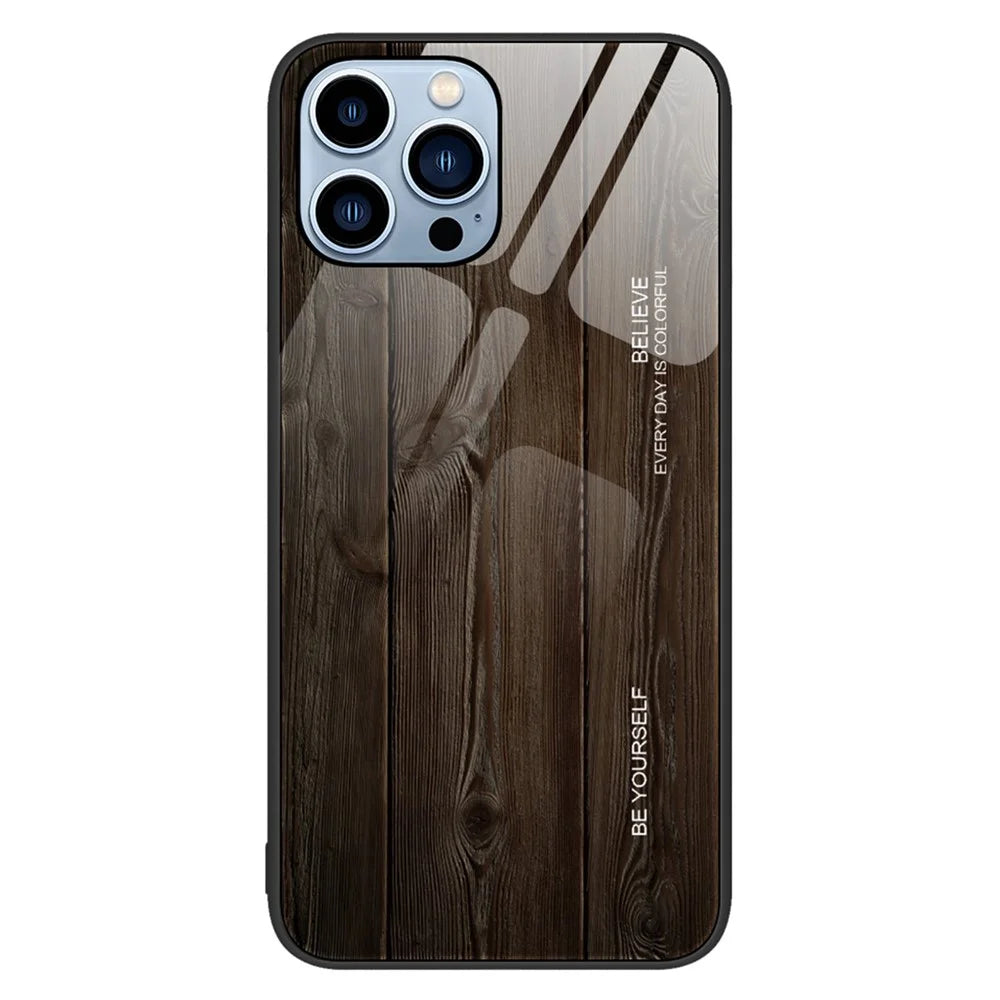 For iPhone 14 Pro Max 6.7 inch Wood Texture Slim Phone Case Tempered Glass Back TPU Frame Protective Cover - Black - 1
