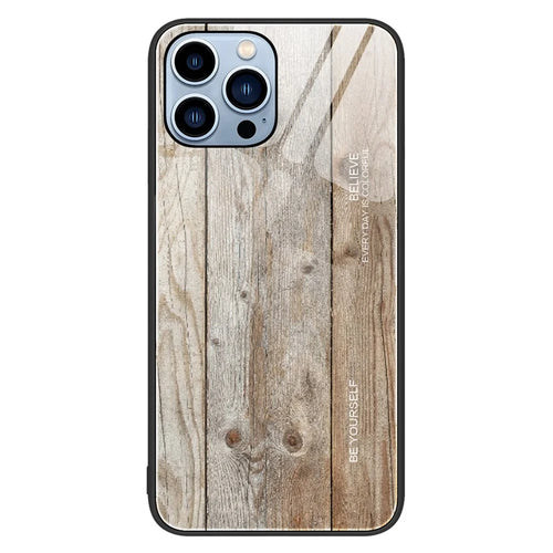 For iPhone 14 Pro 6.1 inch Wood Pattern Back Cover Tempered Glass TPU Frame Shock-Absorption Phone Case - Grey - 1