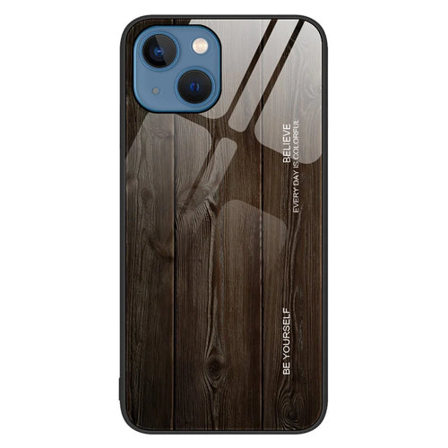 For iPhone 14 Plus 6.7 inch Case Wood Pattern Design TPU Frame Tempered Glass Back Anti-Scratch Cover - Black - 1