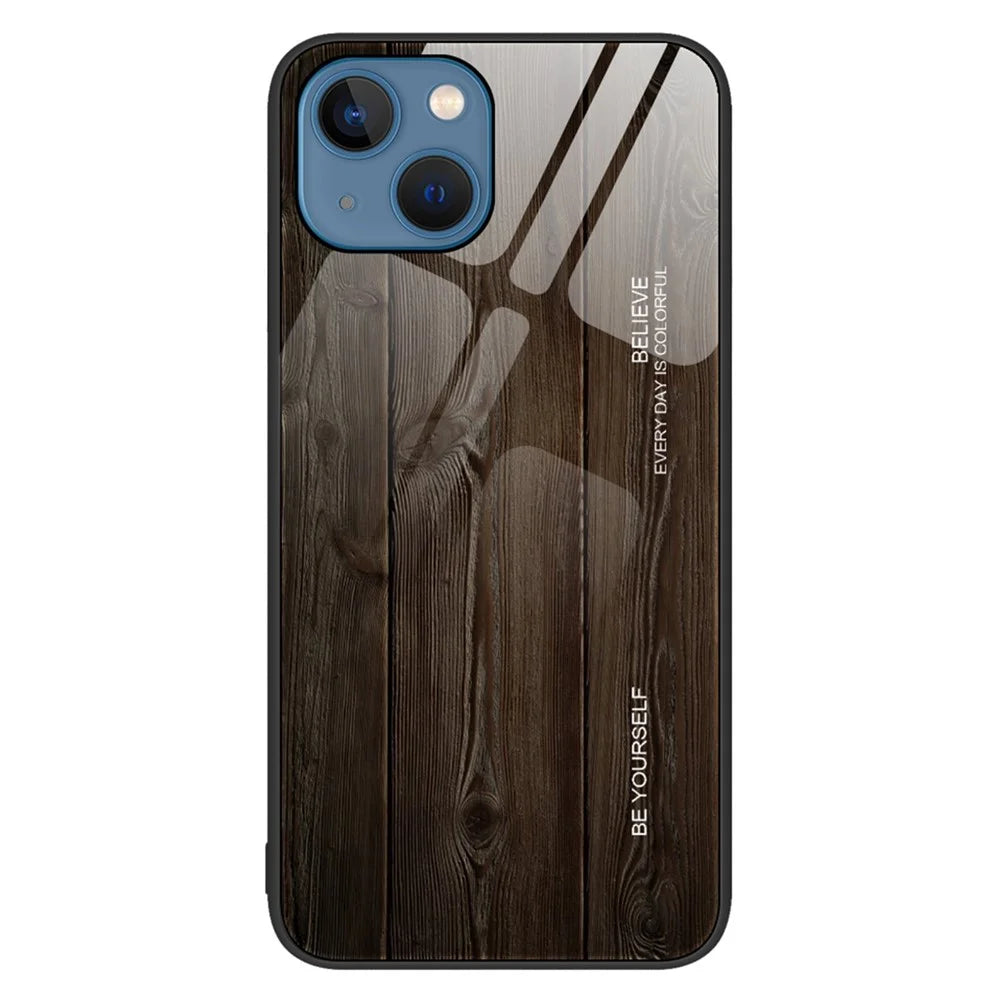 For iPhone 14 6.1 inch Wood Pattern Case Soft TPU Frame Tempered Glass Back Shockproof Protective Cover - Black - 1