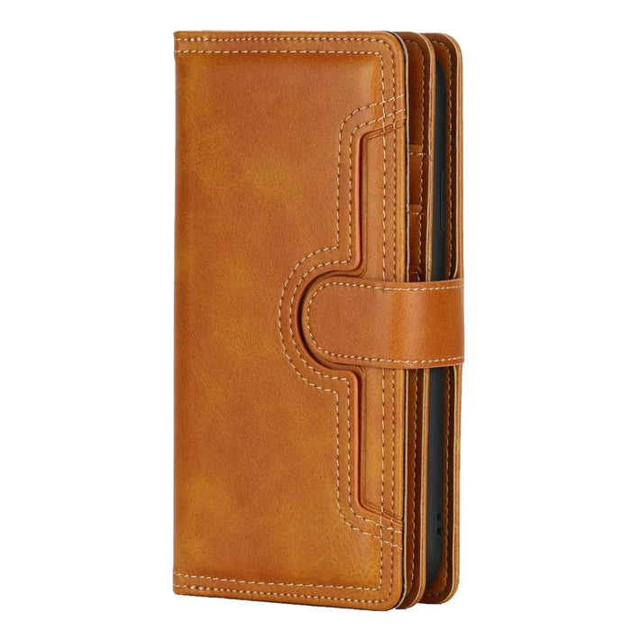 For iPhone 14 Plus 6.7 inch Magnetic Split Leather Case Multiple Card Slots Wallet Full Protective Folio Stand Cover with Hand Strap - Brown - 7