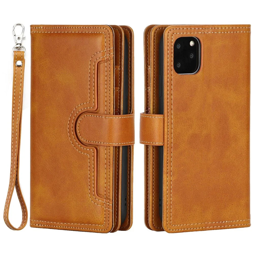 For iPhone 14 6.1 inch Wallet Flip Phone Cover Split Leather Multiple Card Slots Magnetic Closure Stand Cover with Hand Strap - Brown - 1