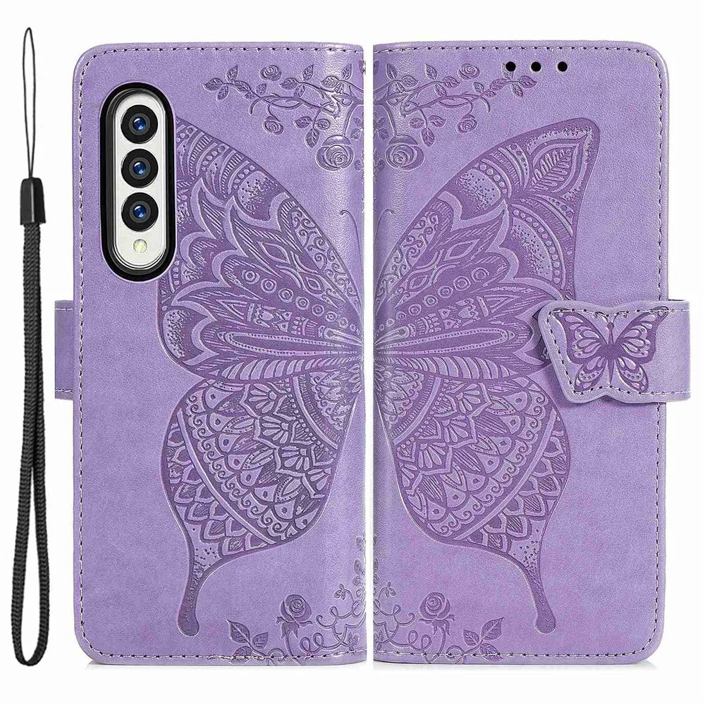 For Samsung Galaxy Z Fold4 5G Drop-proof Flip Cover PU Leather Book Wallet Case Imprinted Butterfly Pattern Stand Magnetic Clasp Phone Shell with Wrist Strap - Light Purple - 1