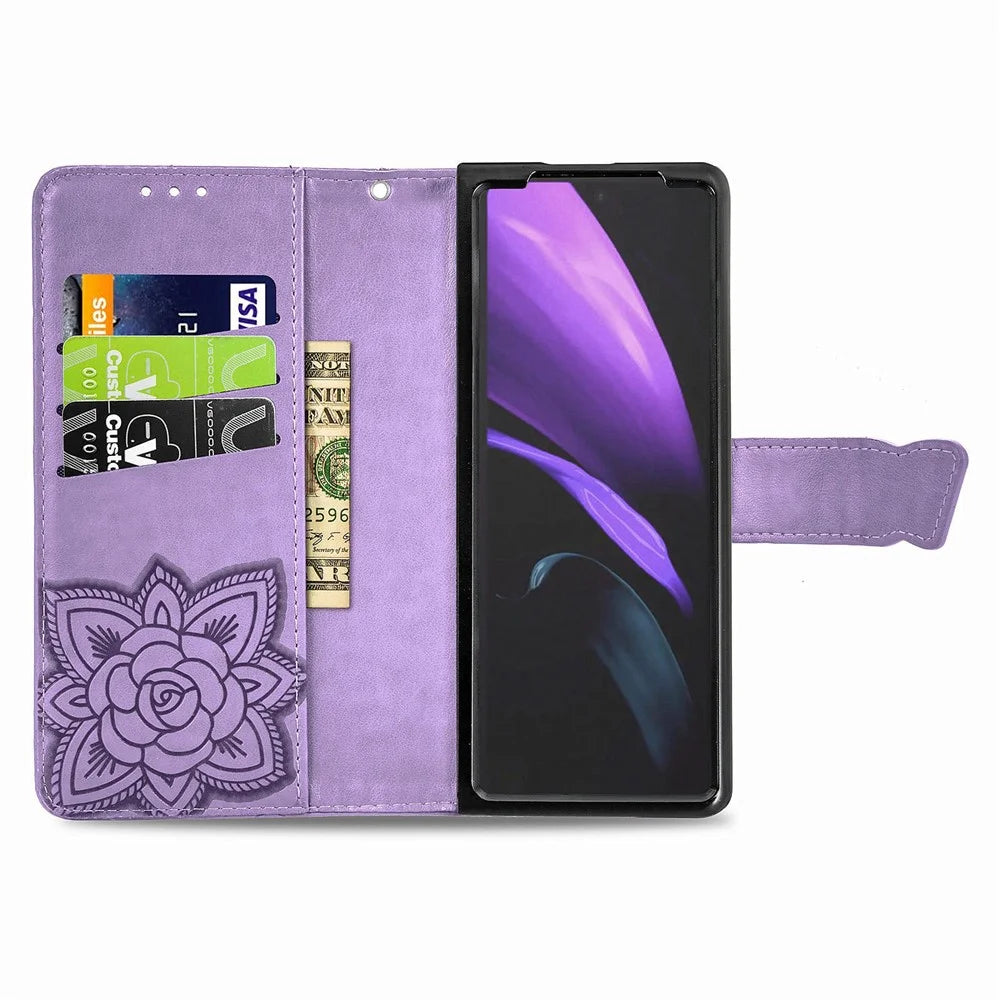 For Samsung Galaxy Z Fold4 5G Drop-proof Flip Cover PU Leather Book Wallet Case Imprinted Butterfly Pattern Stand Magnetic Clasp Phone Shell with Wrist Strap - Light Purple - 2
