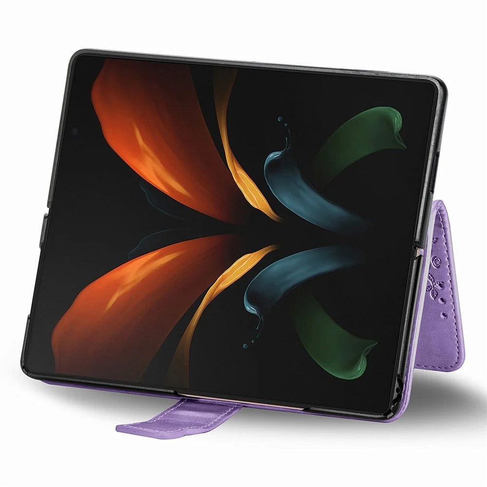 For Samsung Galaxy Z Fold4 5G Drop-proof Flip Cover PU Leather Book Wallet Case Imprinted Butterfly Pattern Stand Magnetic Clasp Phone Shell with Wrist Strap - Light Purple - 3
