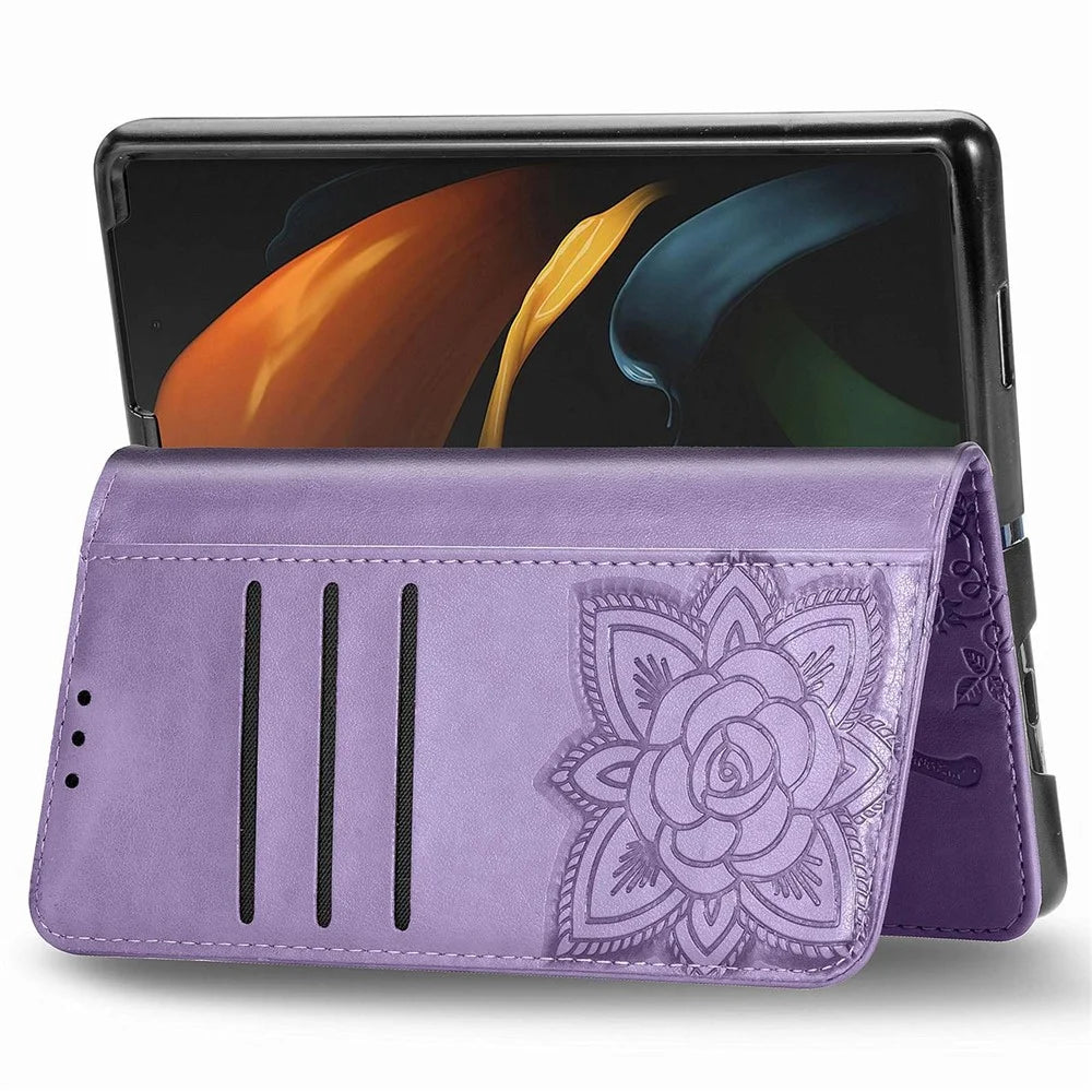 For Samsung Galaxy Z Fold4 5G Drop-proof Flip Cover PU Leather Book Wallet Case Imprinted Butterfly Pattern Stand Magnetic Clasp Phone Shell with Wrist Strap - Light Purple - 4