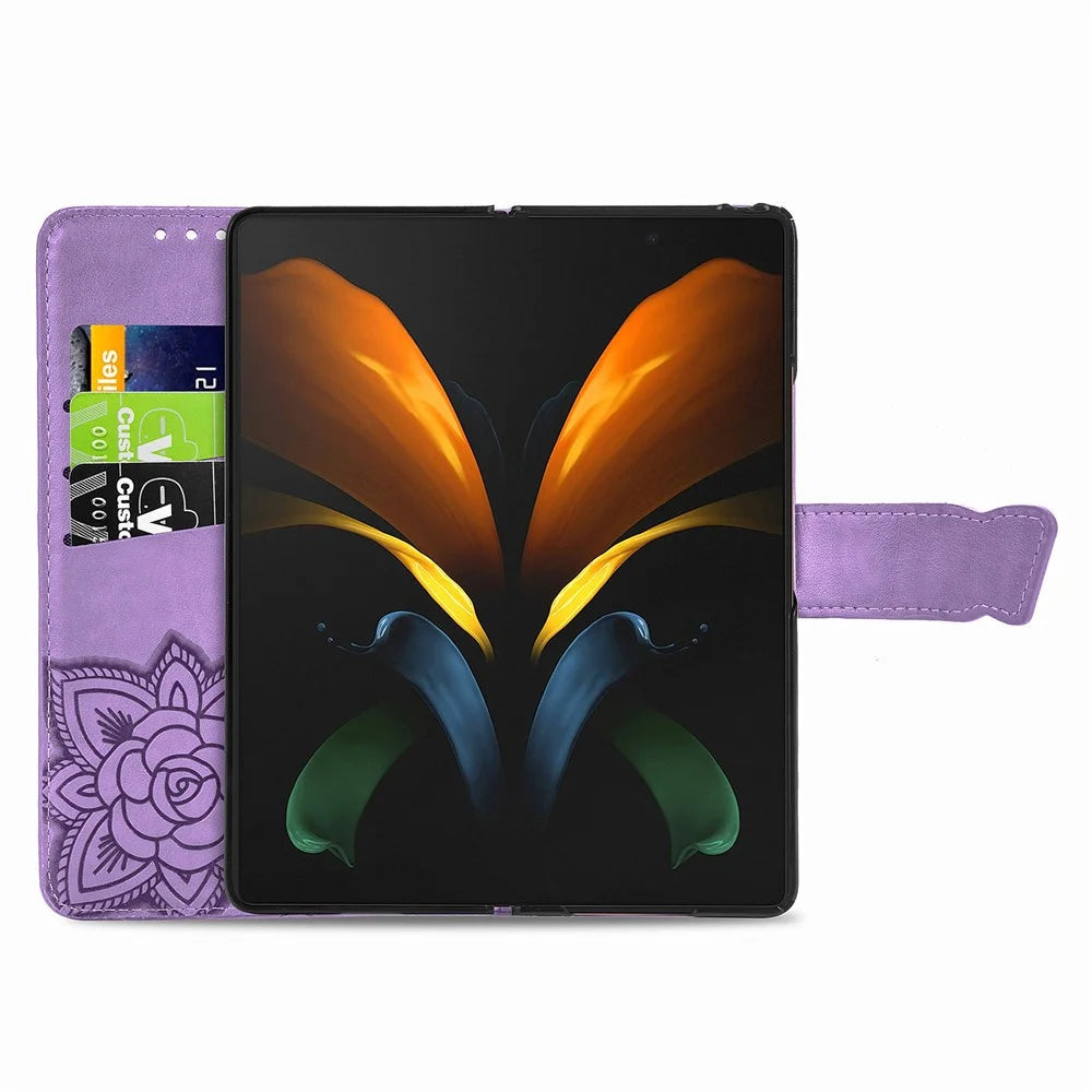 For Samsung Galaxy Z Fold4 5G Drop-proof Flip Cover PU Leather Book Wallet Case Imprinted Butterfly Pattern Stand Magnetic Clasp Phone Shell with Wrist Strap - Light Purple - 5